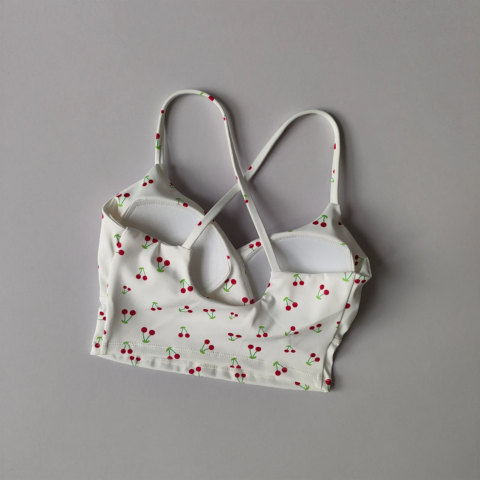 Kirschmuster-Yoga-Top für Damen mit Brustpolster, festem Cup, schönem Rücken, Sport-BH, Lauf- und Fitnesskleidung, Oberbekleidung, Trägertop – Detail 6