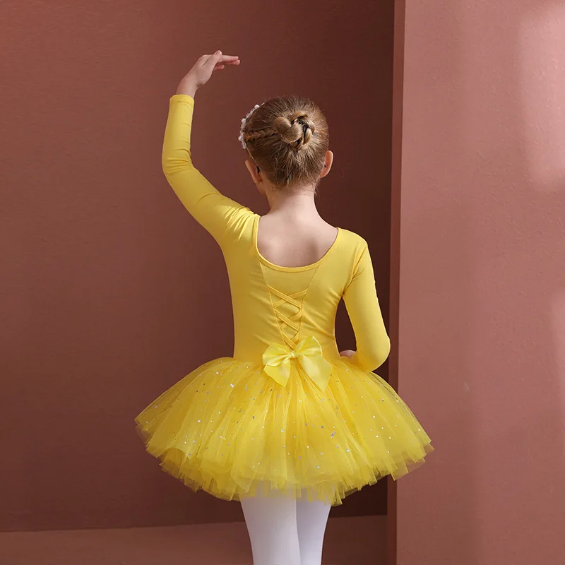 Vestido de Ballet para niñas, leotardos de gimnasia de manga larga, tutú de Patinaje con lazo de tul, leotardo de fiesta de cumpleaños y Navidad, Ropa de baile