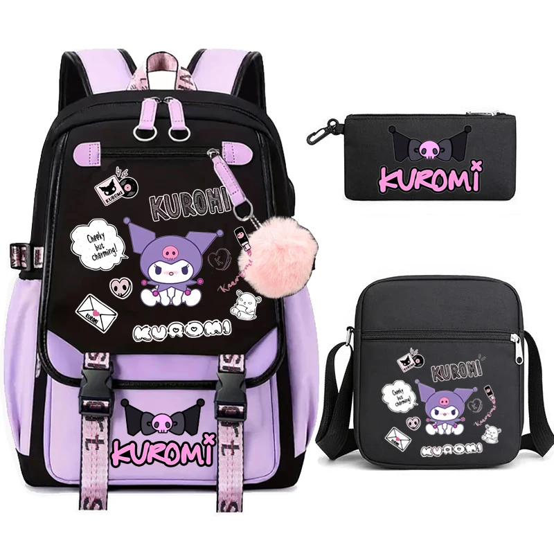 3 Stuks Kuromi Rugzakken Patchwork Capaciteit Vrouwen Mannen Reizen Mochilas Met Schoudertassen Ins Laptop Tieners Schooltassen