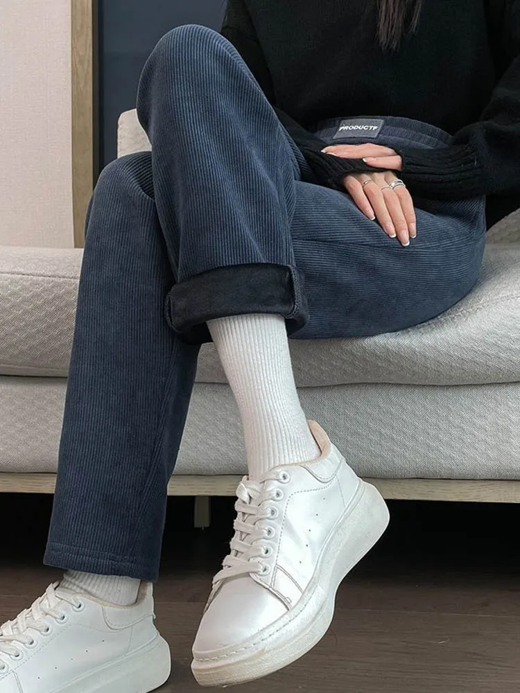 กางเกงฮาเร็มหนานุ่มสำหรับฤดูหนาว แฟชั่นเกาหลี เอวยางยืดสูง บุผ้ากำมะหยี่ กางเกงลำลองผู้หญิง ความยาวระดับข้อเท้า