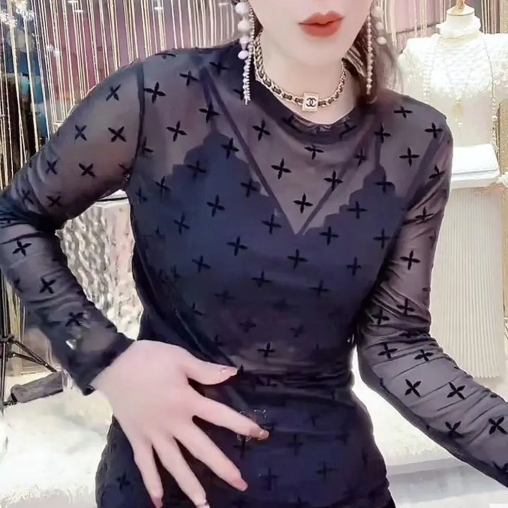 

European Spring New Sexy Perspective Cross Round Neck Long Sleeve T-Shirt Women's Mesh Top Trendy Fashion Blouse