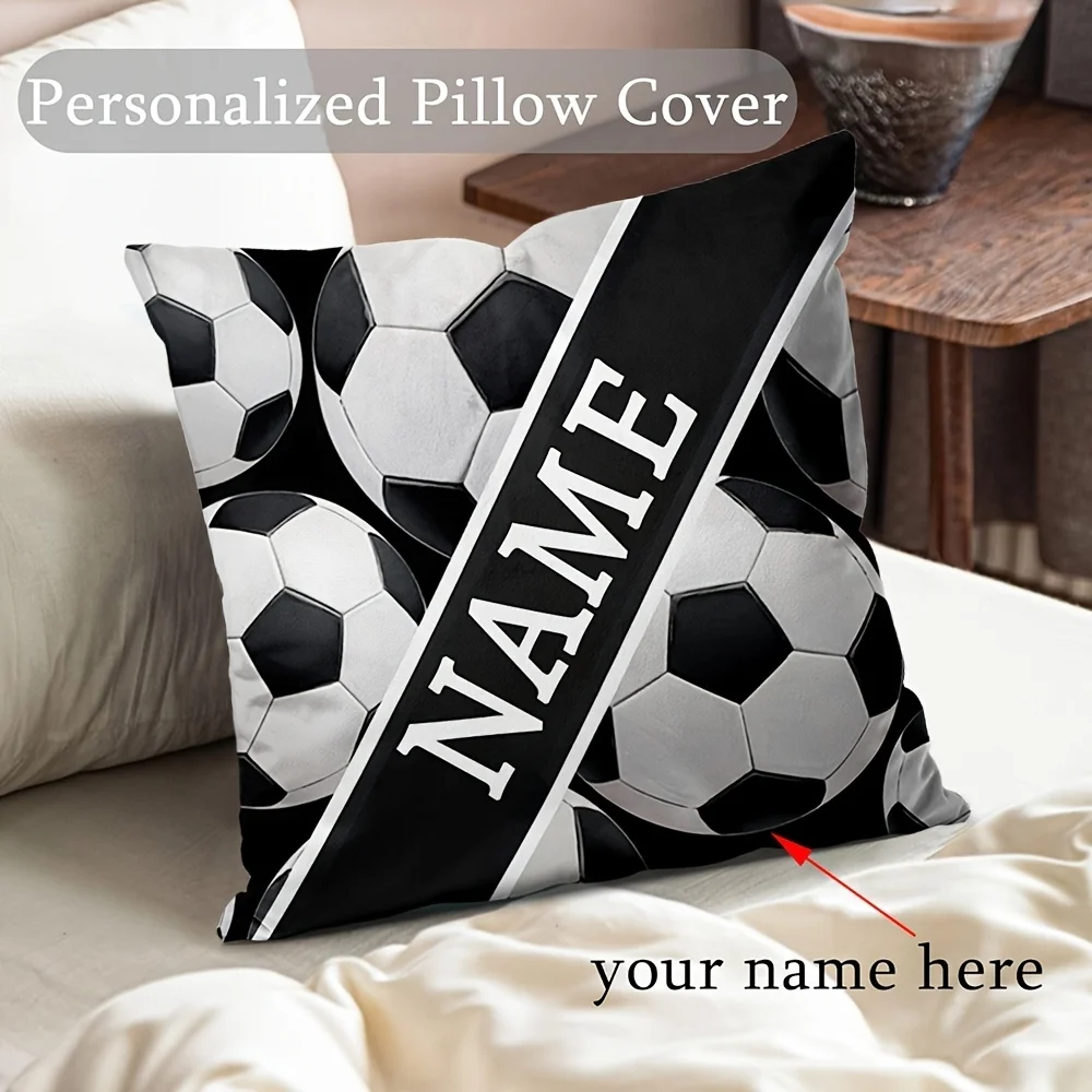 Custom Football Theme Throw Pillow – Personalized Name & Number Print, Zipper Closure,Soccer Ball Pattern Decor for Sofa Bedroom