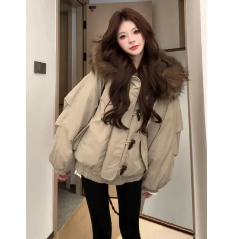 

Retro American Warm Wool Collar Hooded Loose Casual Bull Horn Button Coat2025 Winter New Thick Cotton Jacket