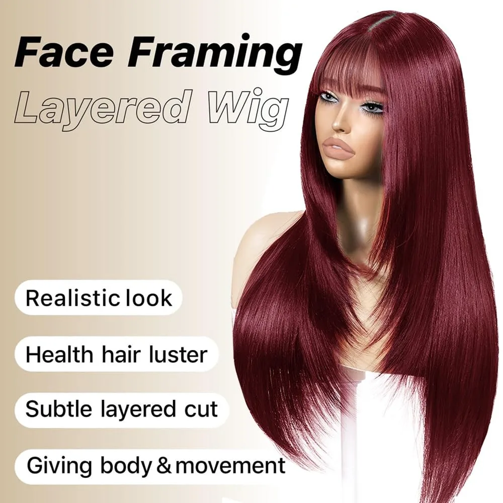 Burgundy Red Layered Cut Wig With Bangs Straight Synthetic And Blend Lace Wig For Women 13x4 HD Natural Hairline Daily Cosplay