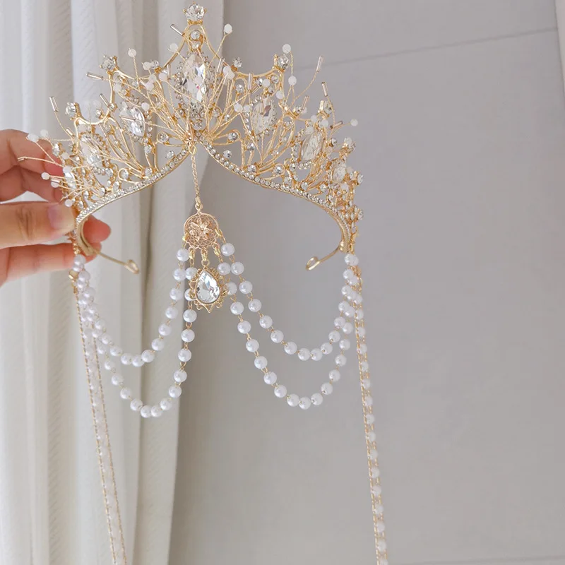 Style Pearl Tassel Crown Female Two-Dimensional Golden Exaggerated Tuinga Western Hair Accessories Studio Photography Headdress