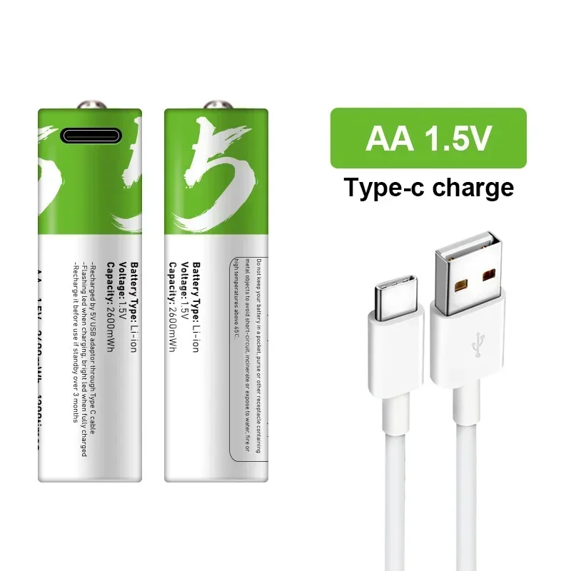 1,5 V AA 2600 mWh wiederaufladbarer Li-Ionen-Akku für Fernbedienung, Maus, elektrisches Spielzeug, Elektrorasierer-Akku + Typ-C-Kabel