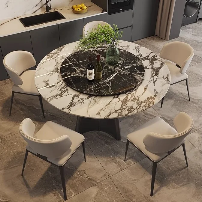 

#Modern Wabi-Sabi Stainless Steel Base Round Foldable Dining Table With Marble Tabletop Assembled 6 Seater For Hotel Use