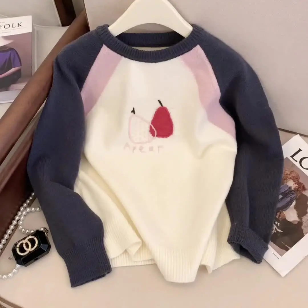 

Women Patchwork Pink O-Neck Knit Pullover Embroidery Sweater Harajuku Vintage Y2k Long Sleeves Loose Sweaters 2000s Clothes 2025