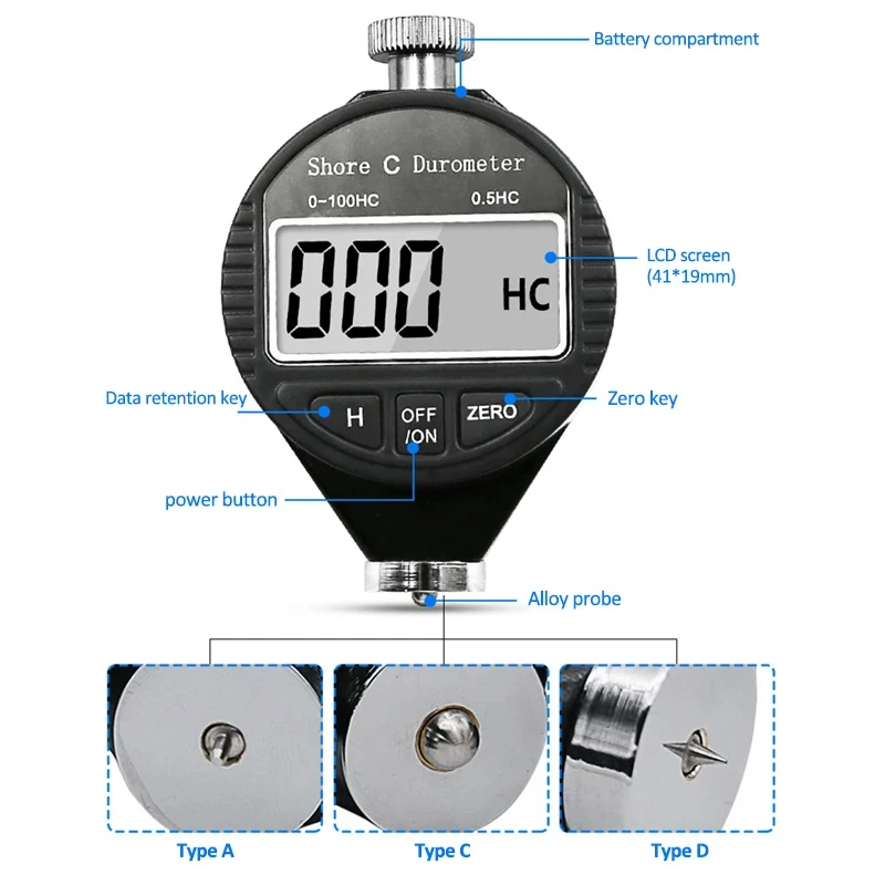 Digital Shore Hardness Durometer Digital Hardness Tester Hardness Meter Shore 0-100 A/C/D For Plastic Leather Rubber Multi-resin