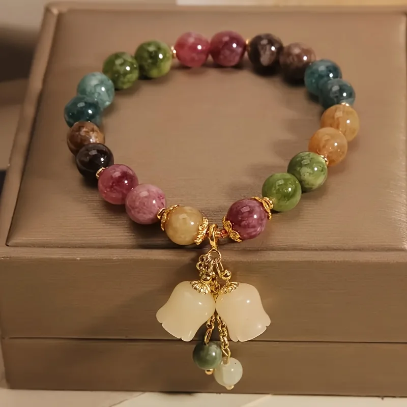 Vintage Antique Style Beaded Bracelet, Chinese Multi Gemstone Wristband with Carved Lily of The Valley Pendant, Retro Heirloom Aesthetic Jewelry Gift for Classic Fashion Lovers image 4