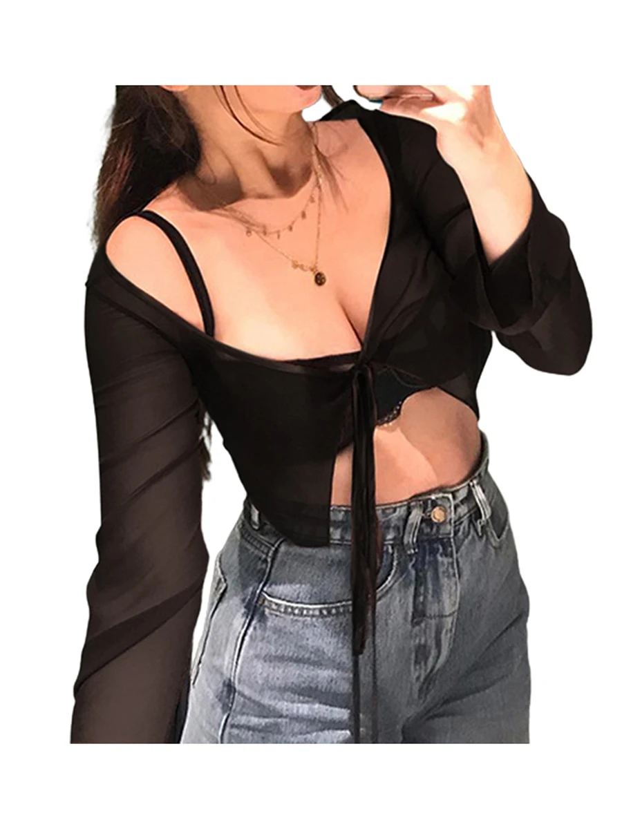 Dames Vest Mesh Doorschijnende Crop Tops Lange Mouw Effen Kleur Tie-Up Open Voorkant Cropped Blouse Esthetische Streetwear