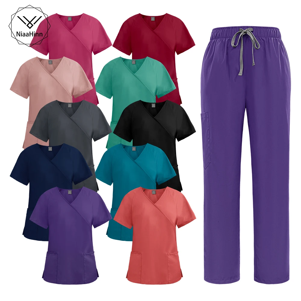 

Woman Scrub Sets Uniforms Nurse Beauty Salon Workwear Short Sleeved Top Pants Spa Uniform Doctor Nursing Articles Suit Wholesale