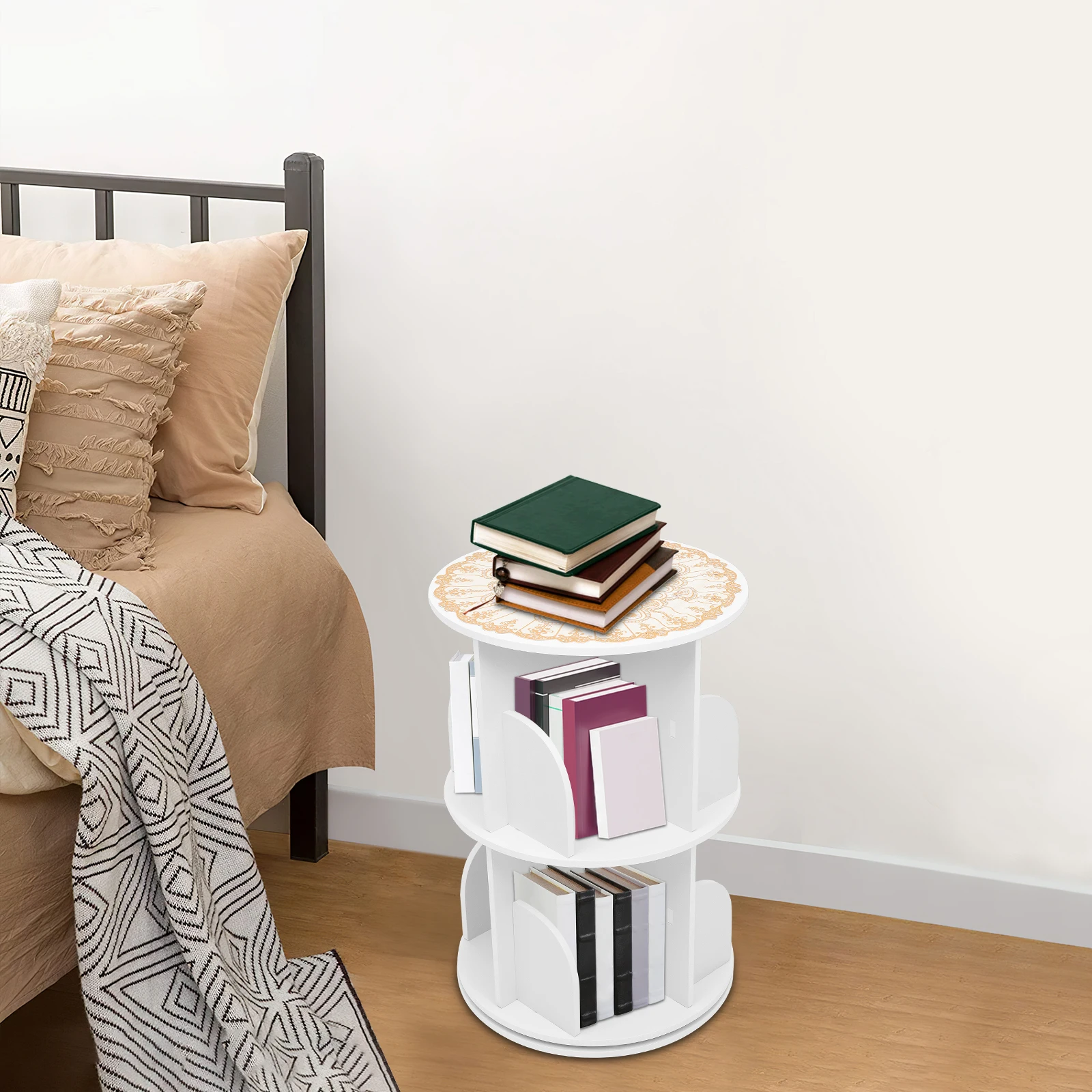 رف كتب دوار باللون الأبيض بطبقتين، 360 درجة °   رف كتب دوار قائم على الأرض، رف عرض للتخزين الزاوية - سعة تحميل 60 كجم