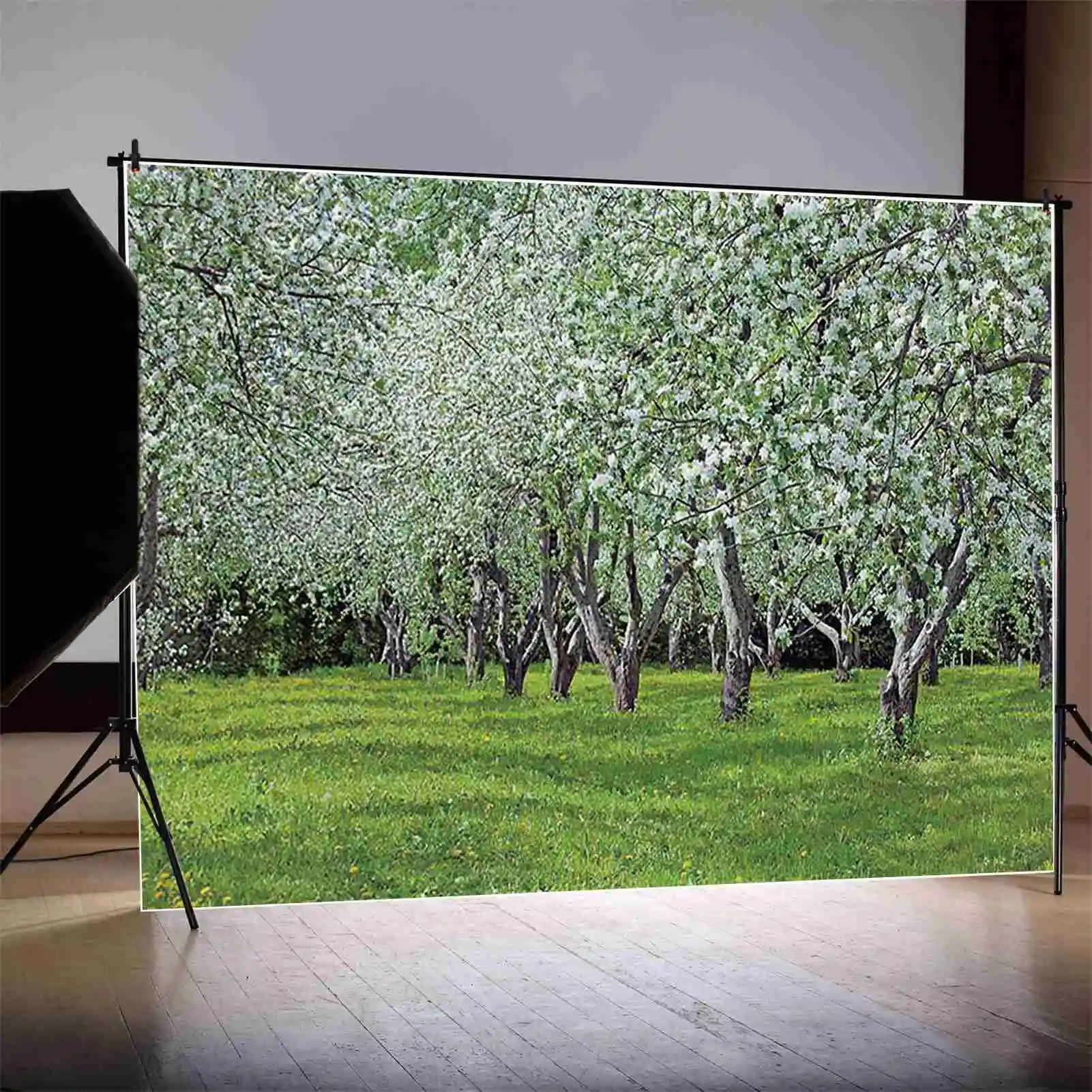 MOON.QG 요정 용수철 사진 배경, 녹색 잔디 나무 꽃 포토존 배경, 어린이 사진 스튜디오 포토부스 용품