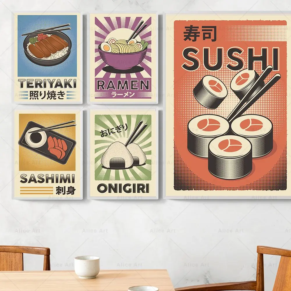 Póster de comida japonesa Onigiri Teriyaki Ramen Noodle Sashimi, impresiones de pintura en lienzo, imágenes artísticas de pared de Sushi Vintage, decoración de cocina