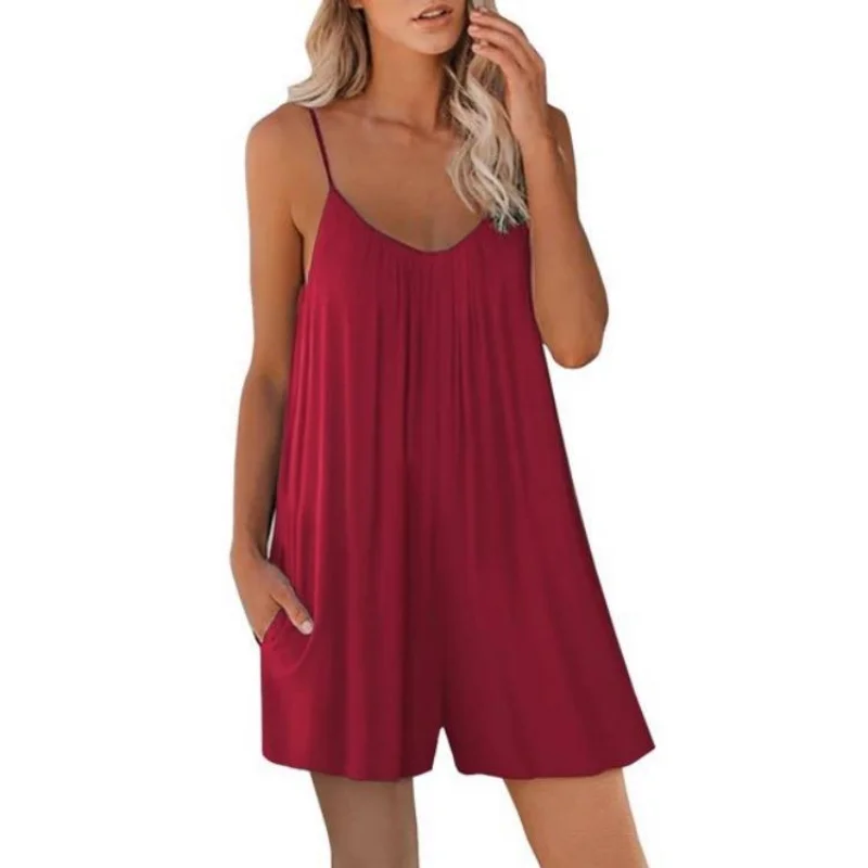 2023 estate donna vestiti nuovi pantaloncini Casual con bretelle tinta unita girocollo tasca allentata tuta abbigliamento femminile abito donna
