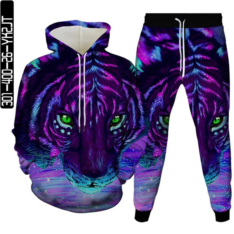 Conjunto de dos piezas con estampado 3D de Tigre y León para hombre, Sudadera con capucha, ropa deportiva de calle, Moda de Primavera