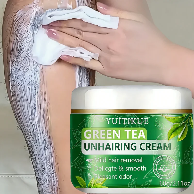 Crema Depilatoria de Té Verde YUITIKUE, Suave y Segura, Uso en Todo el Cuerpo, Piel Delicada y Suave, Sin Irritación