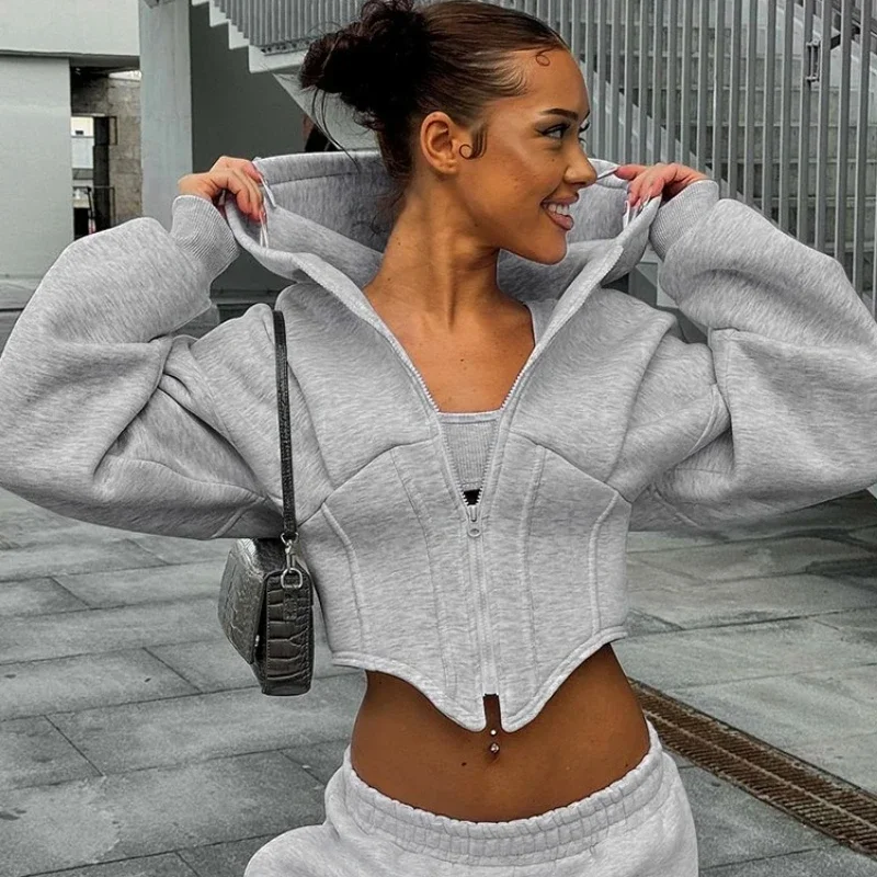 Casual Hooded Cardigan Jacket Women Fashion Zippered Long-Sleeved Plain Outwear 2025 Autumn Winter New Commuting Outfits