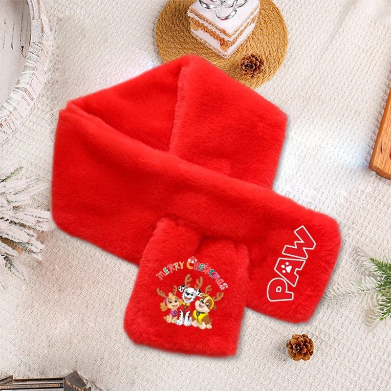 لطيف باو باترول الأحمر أفخم وشاح عيد الميلاد الاصطناعي الأرنب الفراء الدافئة في الهواء الطلق يندبروف الخمار لطيف مطبوعة الاطفال عيد الميلاد حزب هدية #6