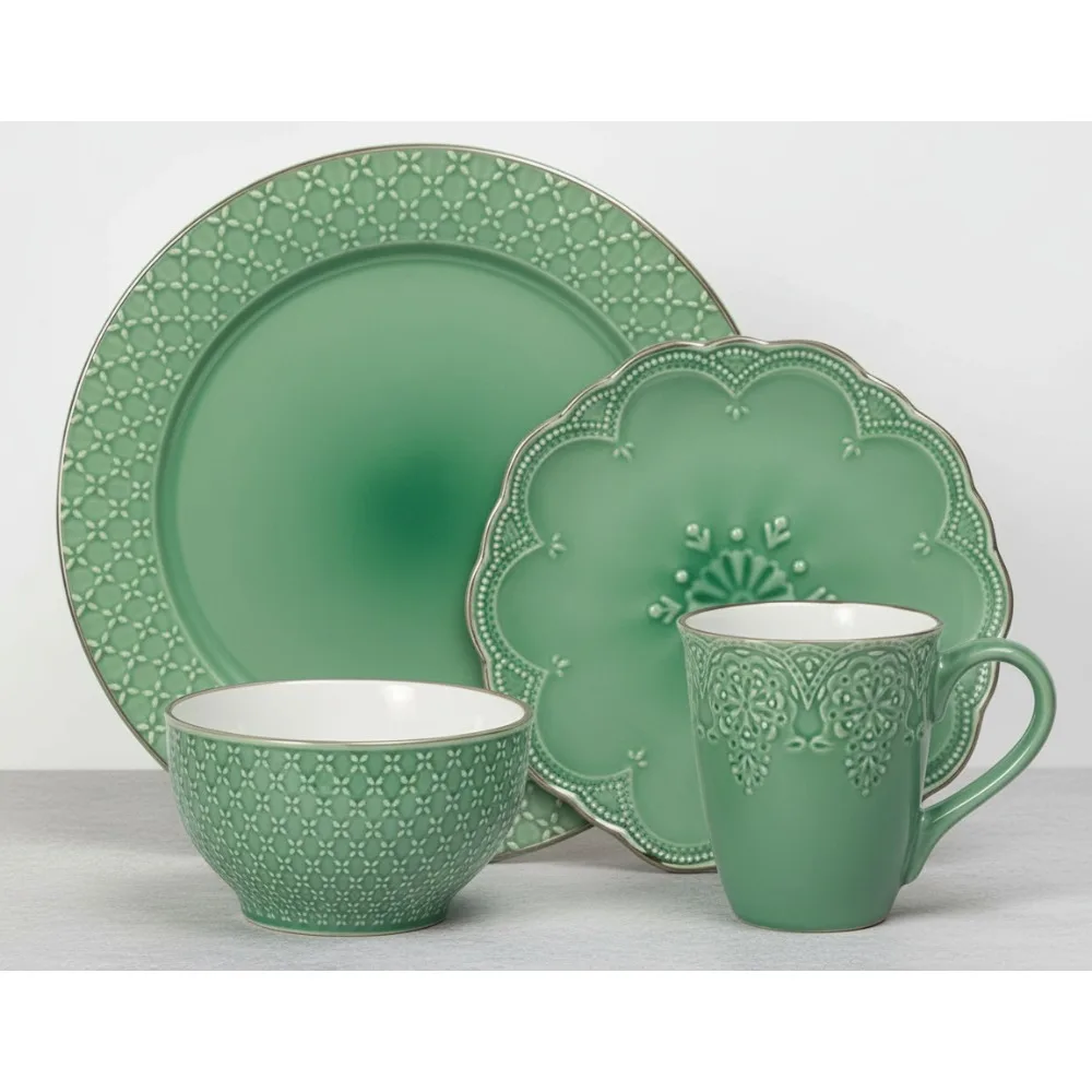 

Элегантный набор посуды из французского кружева, зеленый кераморный посуда из 16 предметов для семейной столовой и развлечения