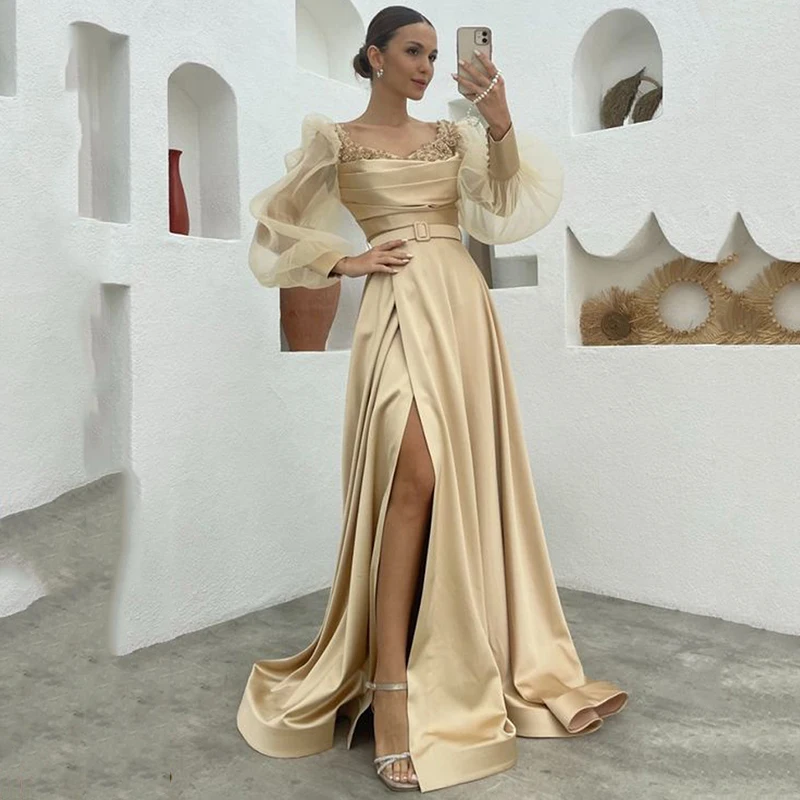 Vestidos de Noche formales con Apliques de encaje champán, manga larga abullonada, vestido de graduación plisado, abertura lateral Sexy, nuevos vestidos de fiesta de celebridades, 2024