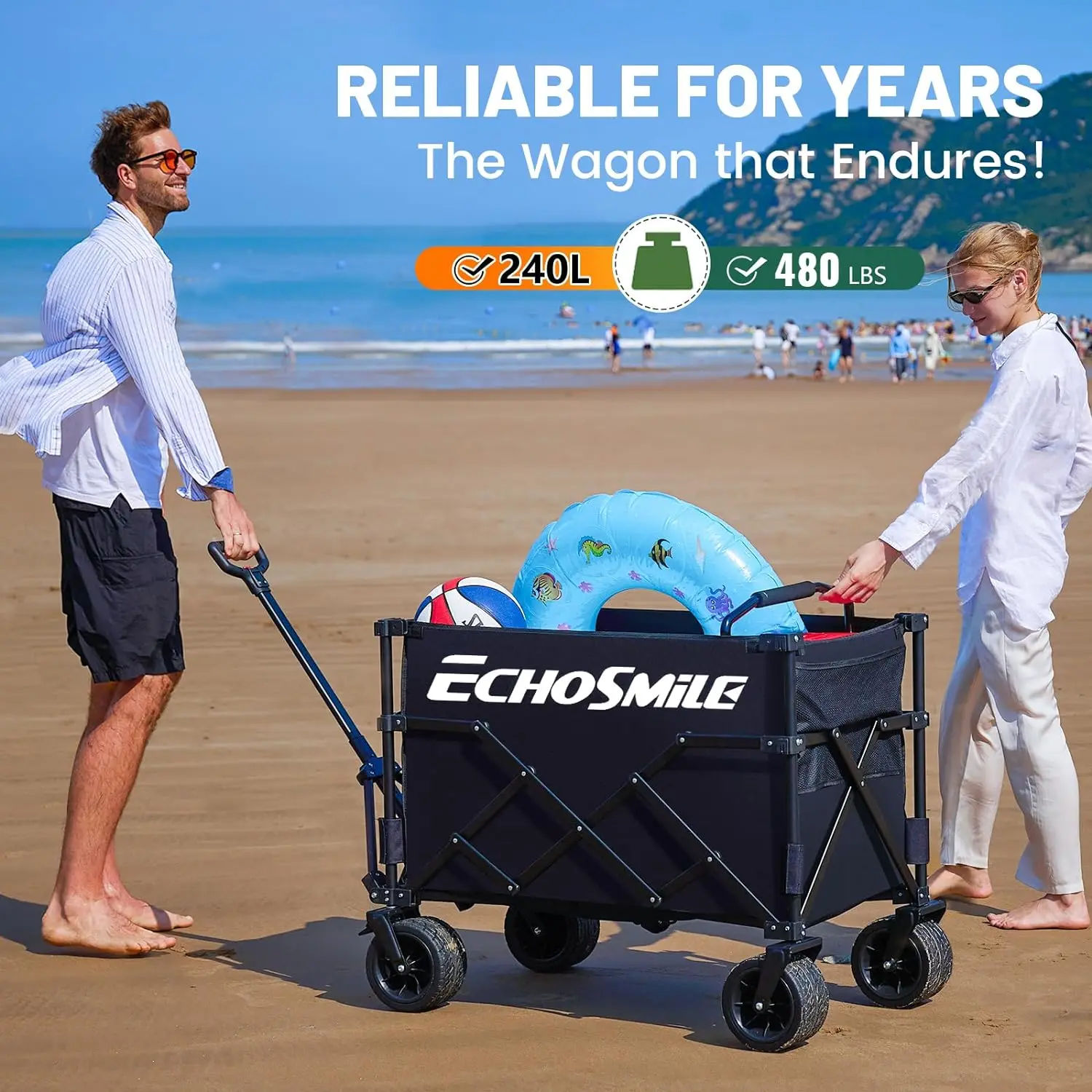 Echosmile Collapsible Outdoor Utility Wagon, Beach Wagon For Sand With Big Wheels, Camping Portable Cart, Heavy Duty 480Lbs