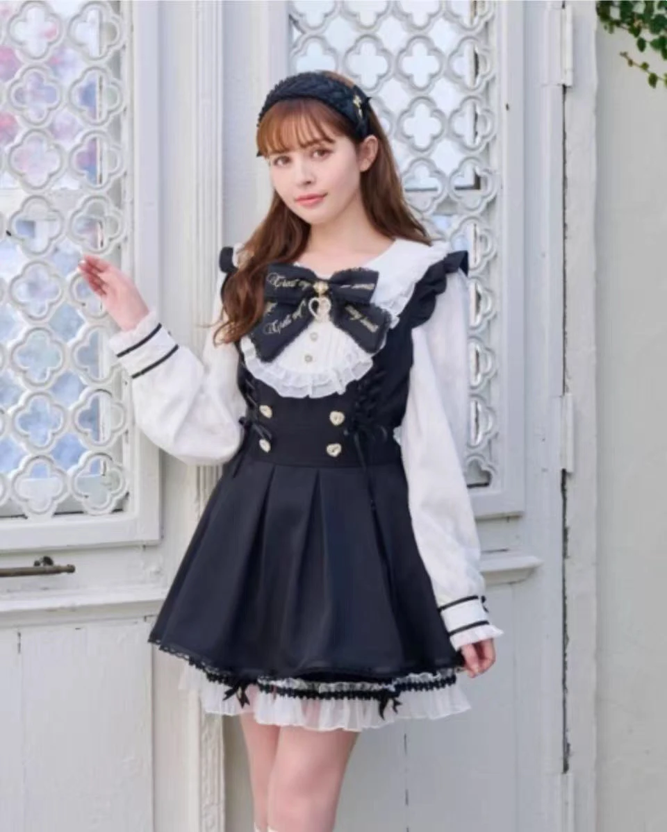 Liz Dress Women Japanese Mine Mass Production Slim Waist Dress Skirt Two-piece Set Sweet Bow Long Sleeve Lace Cake Dress Outfit