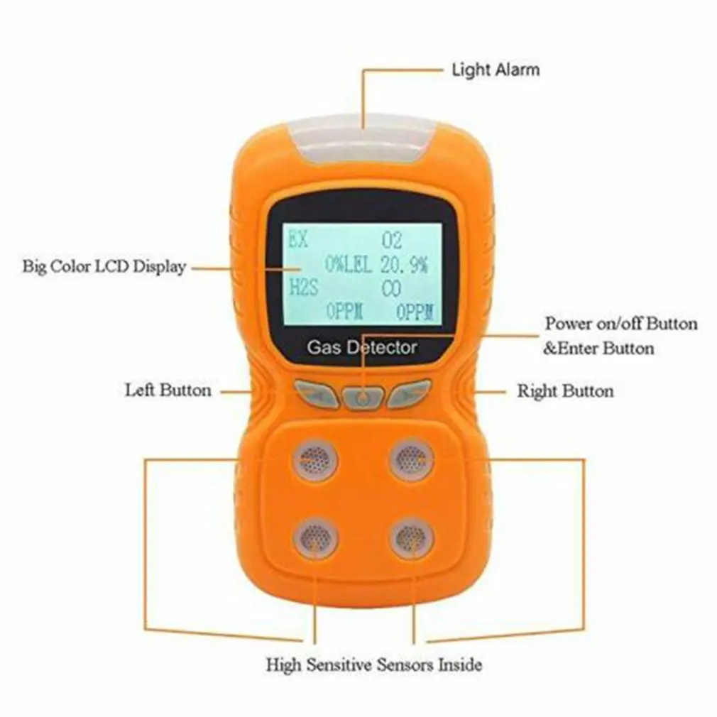 Portable Multi Gas Detector Gas Meter O2 H2S CO LEL 4 in 1 Oxygen Hydrogen Sulfide Carbon Monoxide Combustible Gas Leak Detector