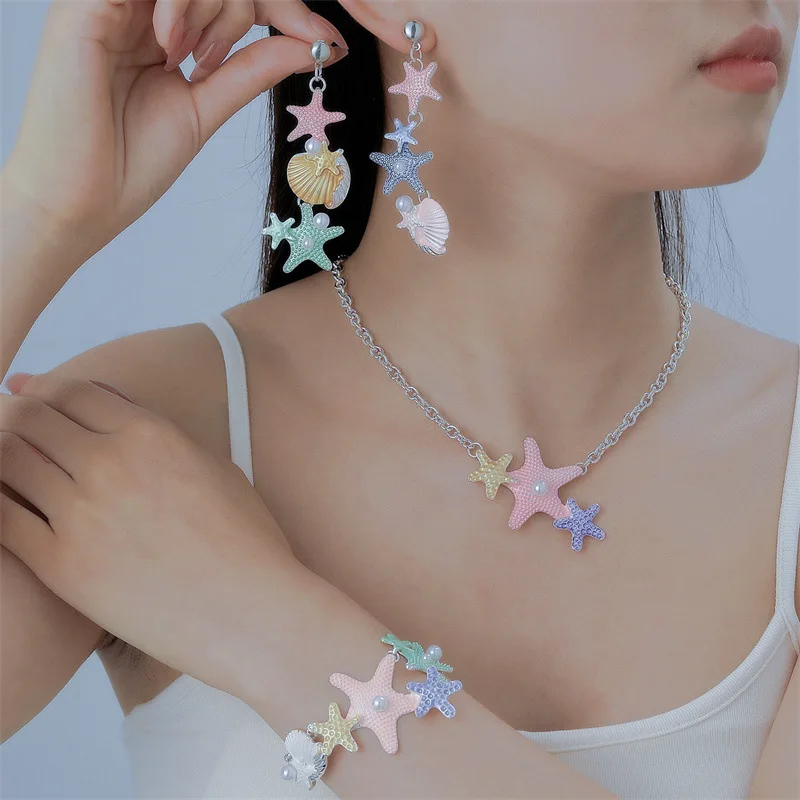 

Drip Oil Shell Clavicle Chain Retro Imitation Pearl Colorful Starish Adjustable Necklace Bracelet Earring Set for Women Jewelry