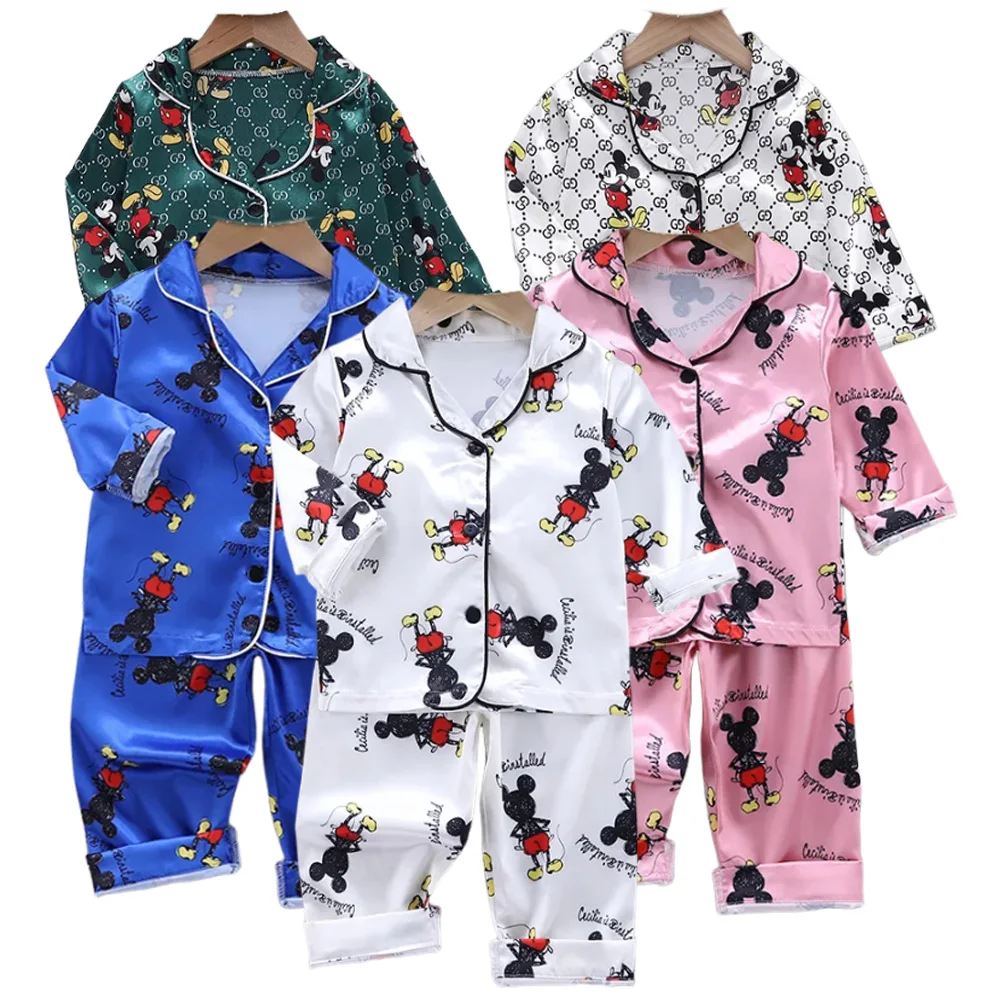 Spring New Toddler Boys Girls Disney Mickey Mouse Silk Satin Pajamas Set Tops+Pants 2pcs Children Cartoon Satin Sleepwear Suit