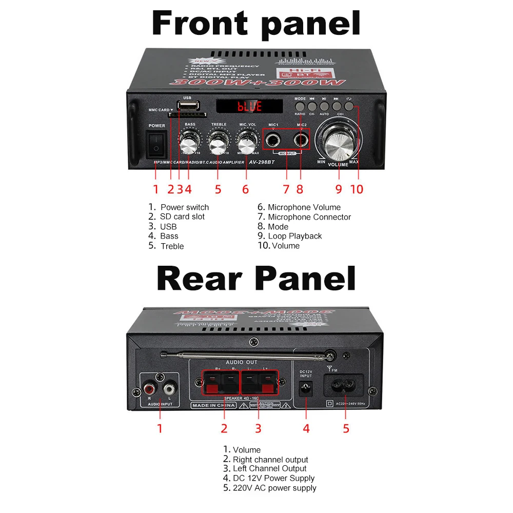 Amplificatore Bluetooth wireless da 600 W 2CH HiFi Audio Stereo AMP di potenza USB FM Radio Car Home Amplificatore subwoofer con telecomando