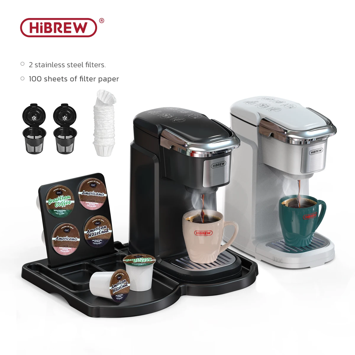 HiBREW-cafetera con filtro para cápsula k-cup y café molido, máquina de té, dispensador de agua caliente, cafetera de un solo servicio