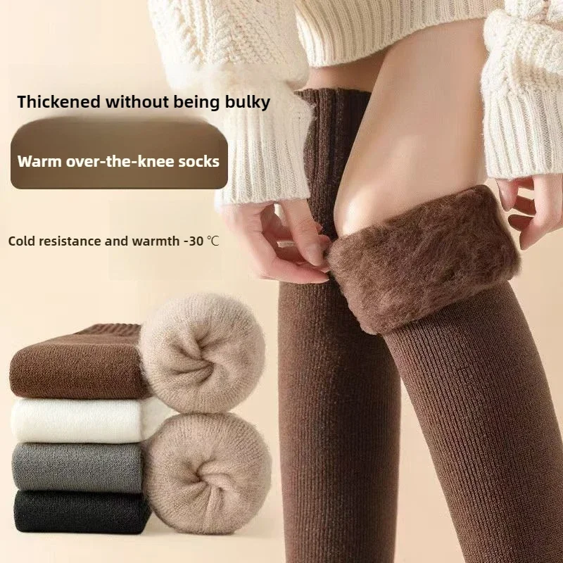 2 Pairs Winter Thigh High Socks for Women Fleece Lined Warm Over Knee Socks Non Slip Long Socks Jk Stockings