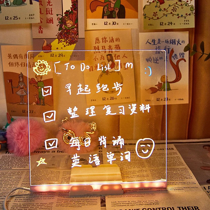 Lavagna per appunti a LED con colori, lavagna cancellabile a secco in acrilico illuminato, bacheca in acrilico, bacheca per appunti in acrilico illuminata con 7 penne