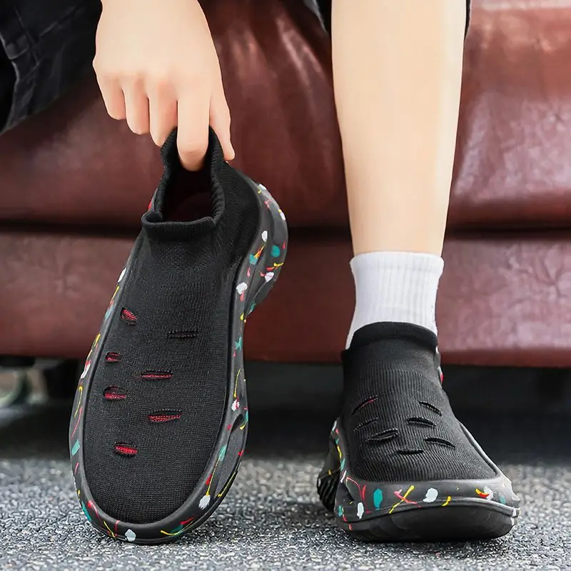 2026 Lightweight Stretch Mesh Thick Sole Height Increasing Sneakers Summer Breathable Non-Slip Durable Casual Sock Shoes Men
