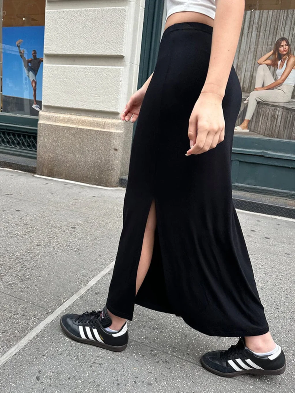 Black Slim Split Midi Skirts Women Streetwear Casual Elastic High Waist Long Skirt Y2k Casual Chic Fashion New Faldas Bottom