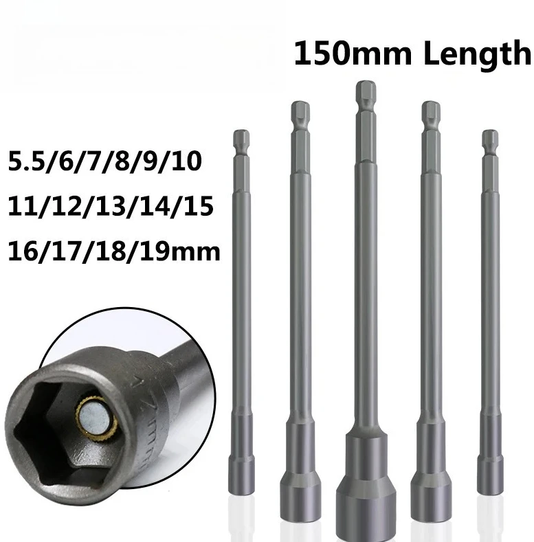 

1/4" Quick Change Hex Shank 5.5-19x150mm Magnetic Nut Driver Set Impact Socket Sleeve Adapter Screwdriver Drill Bit
