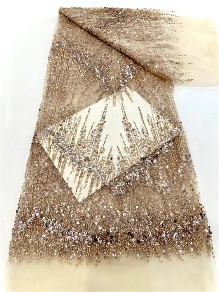 

French Beaded Sequins Lace Fabric Luxury High Quality African Net Sequins Beads Lace Fabric For Women Wedding Dress