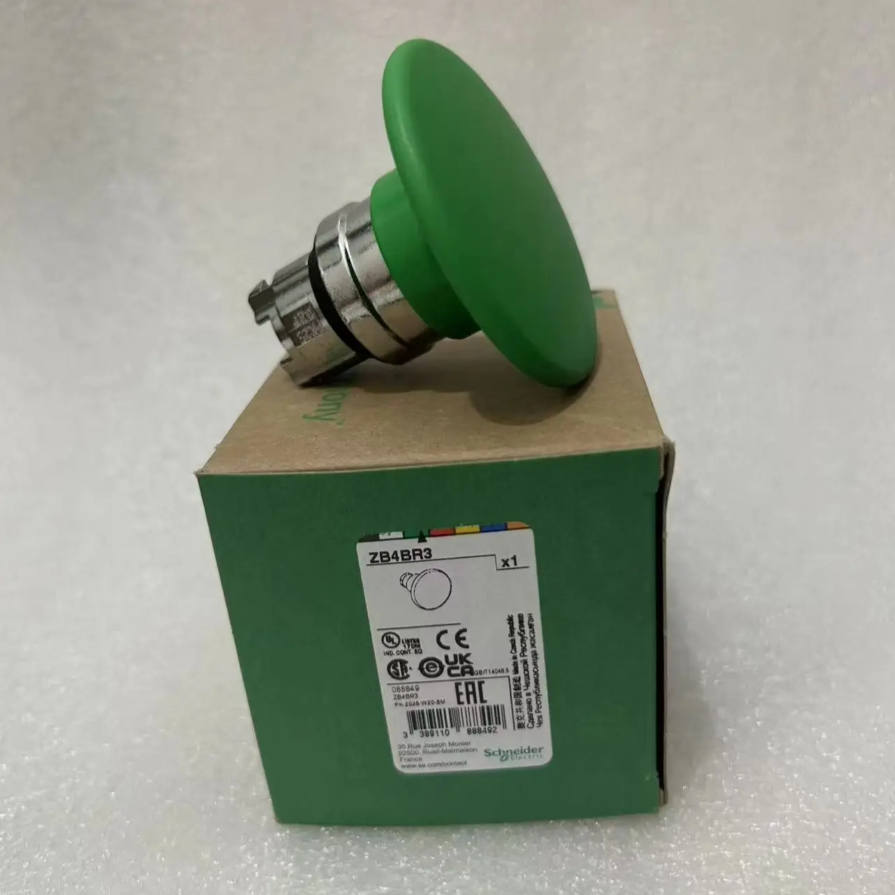ZB4BR3 Head for non illuminated pushbutton, Harmony XB4, mushroom 60mm, metal, green, 22mm, spring return