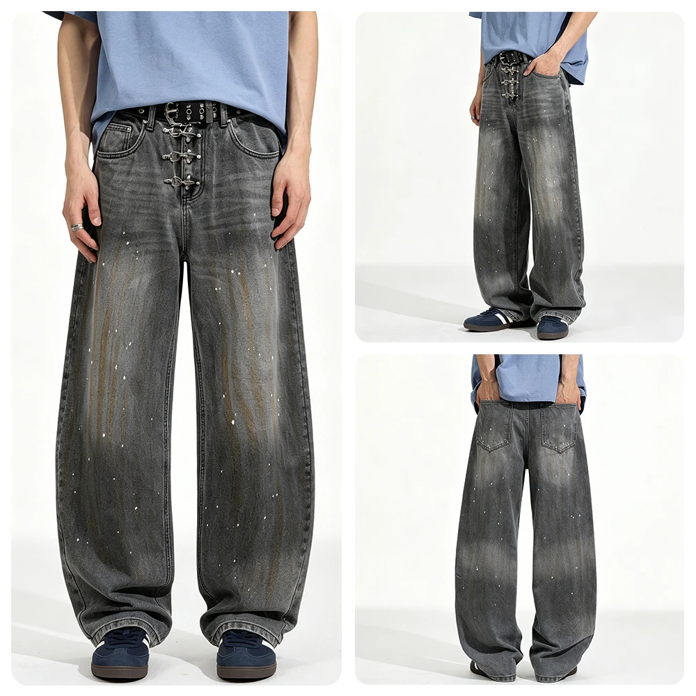 Vintage Broken Hole Denim Ripped Jeans Men Metal Buckle Streetwear Hip Hop Loose Casual Scimitar Baggy Jeans Pants Trousers