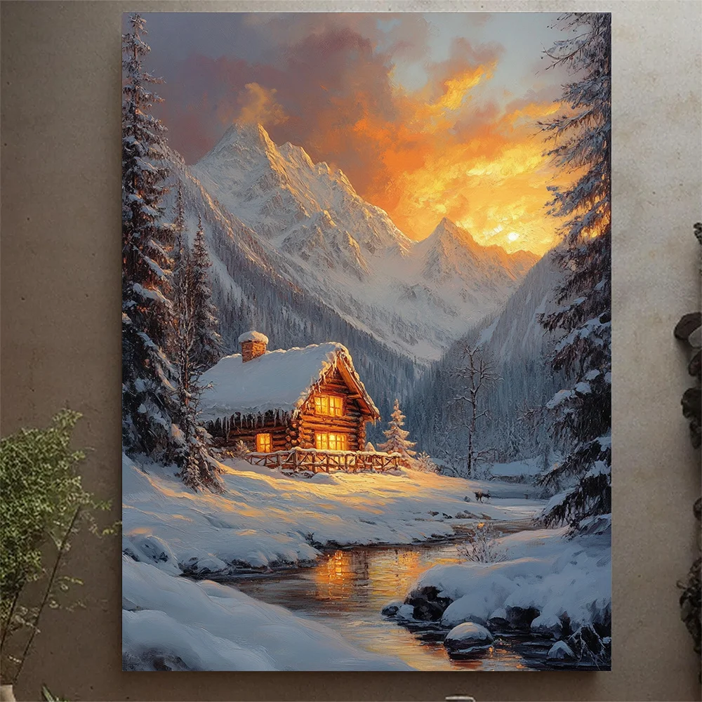 (No frame)1pc 12x16 Inch Rustic Christmas Cabin in Snowy Mountain Sunset Winter Wonderland Canvas Art - Handcrafted Recycled