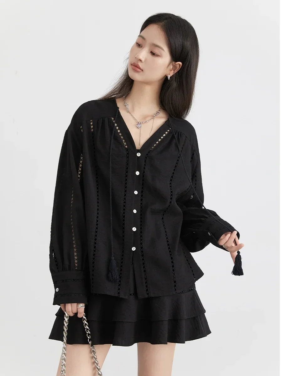 CHIC VEN Women Shirts Korean Solid V-neck Long Slevee Loose Blouses Casual Fashion High Waisted Short Skirt Set Summer New 2024