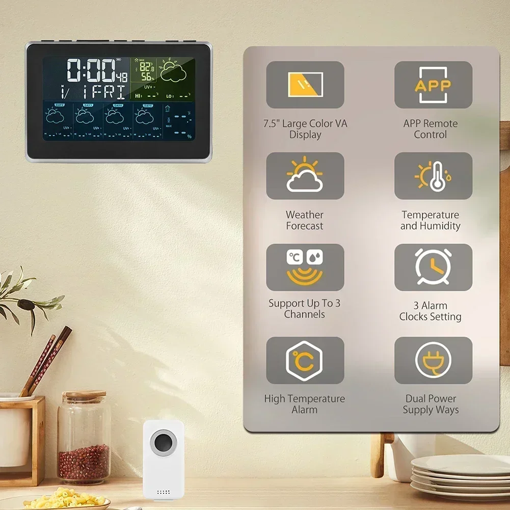 Tuya WIFI Weather Station Indoor Outdoor Temperature Humidity Meter Weather Forecast Alarm Clock 2024 New