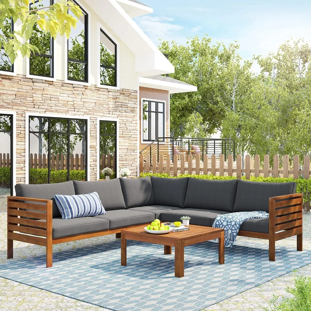 4 Piece Patio Acacia Wood Furniture Set, Outdoor Sectional Conversation Set with Cushions, L Shaped Corner Sofa Set for Garden