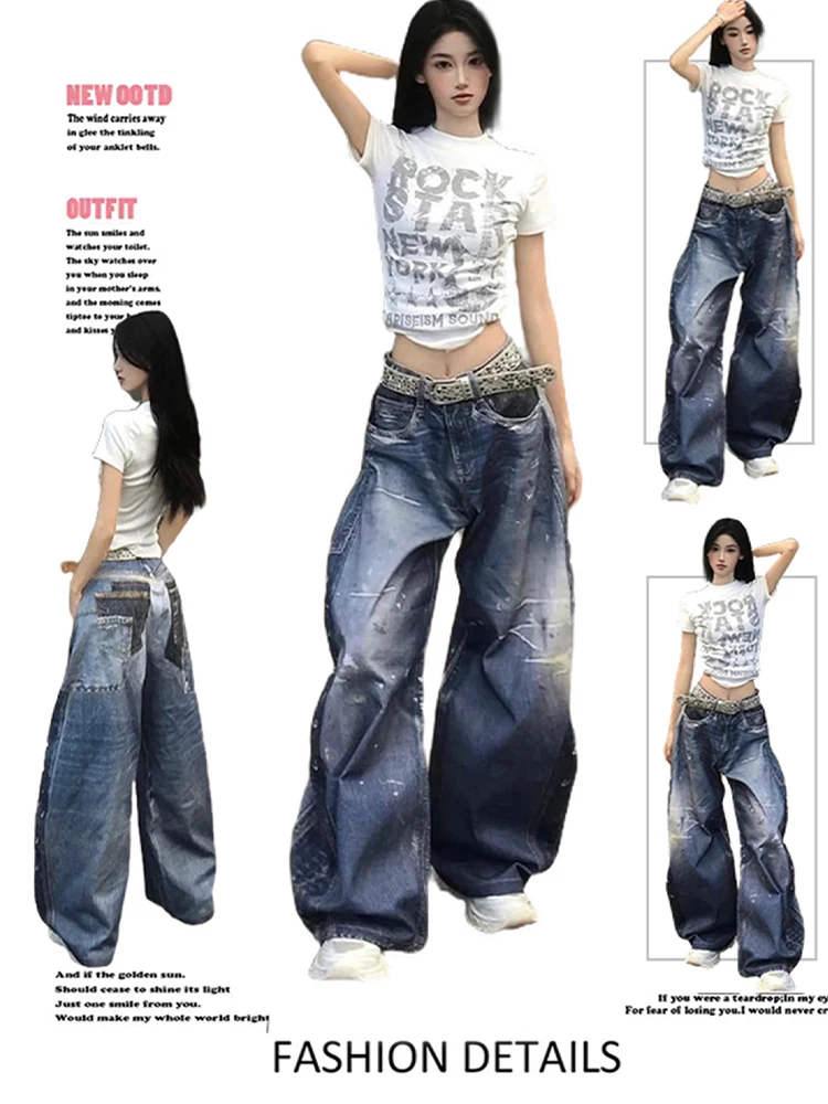 

2025 осень-зима женские джинсовые брюки с принтом тай-дай 2000-х годов Y2K мешковатые джинсы хип-хоп японский Харадзюку ковбойский киберпанк хип-хоп