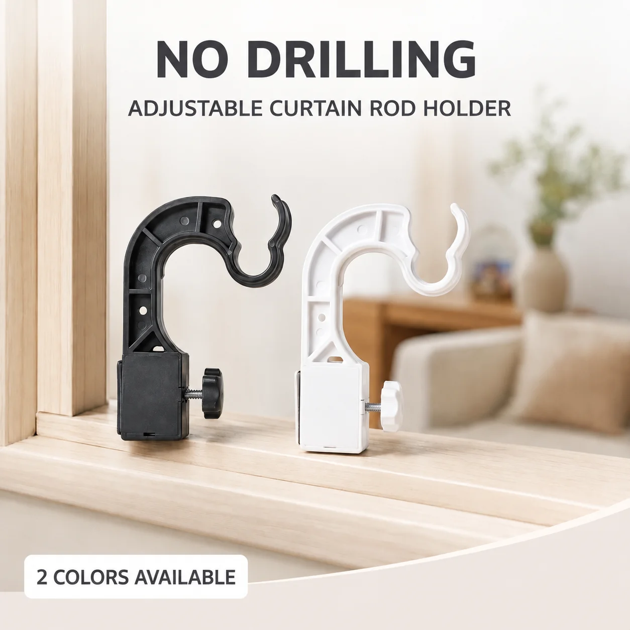 2PCS No Drill Curtain Rod Holder Adjustable Clip On Bracket Support for Tension Rod Windows