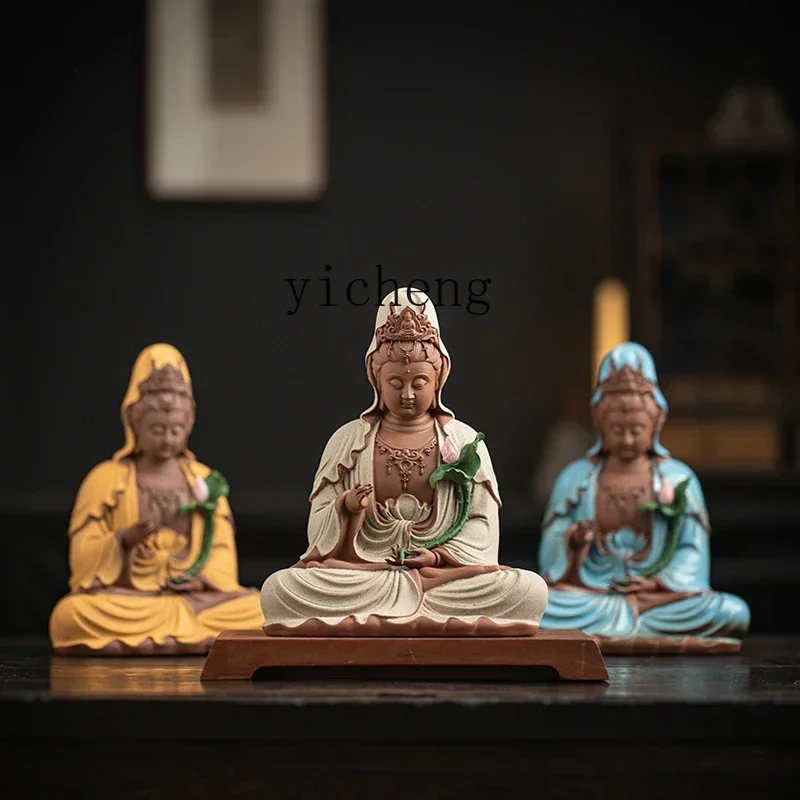 W28 Ceramic Lotus Guanyin Buddha Statue Ornament Home Living Room Entrance Zen Space Ornament Crafts