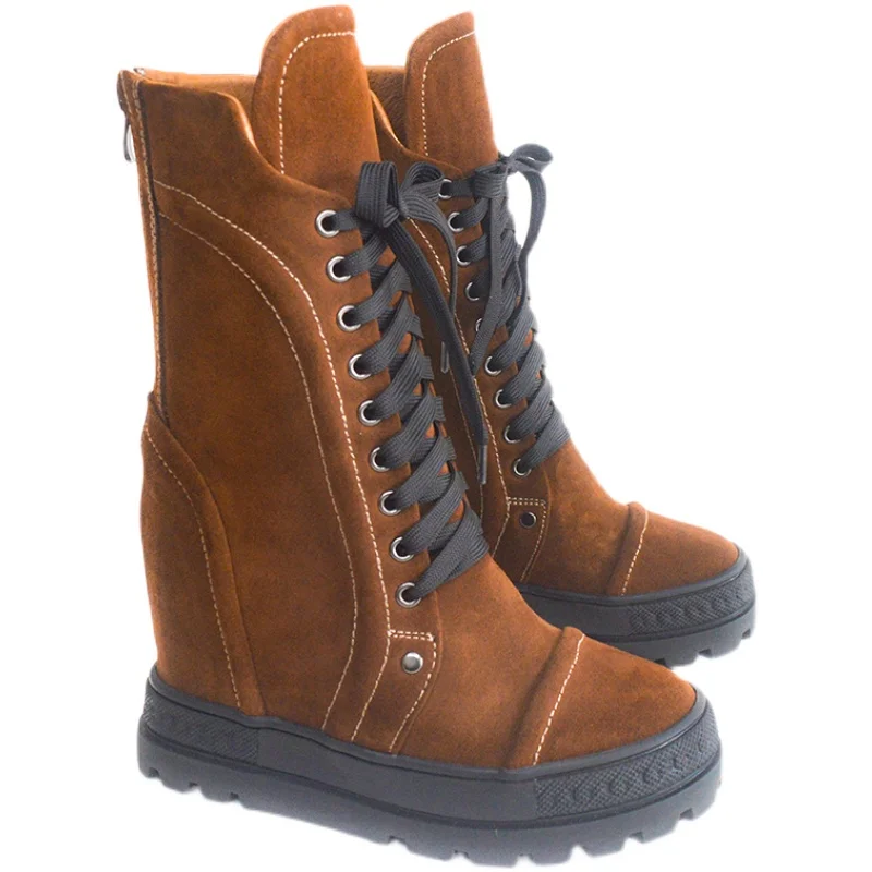 Brown White Black Cow Leather Inner Wedge Boots 10cm Height Increasing Thick Sole Platform  High Top Short Combat Boots