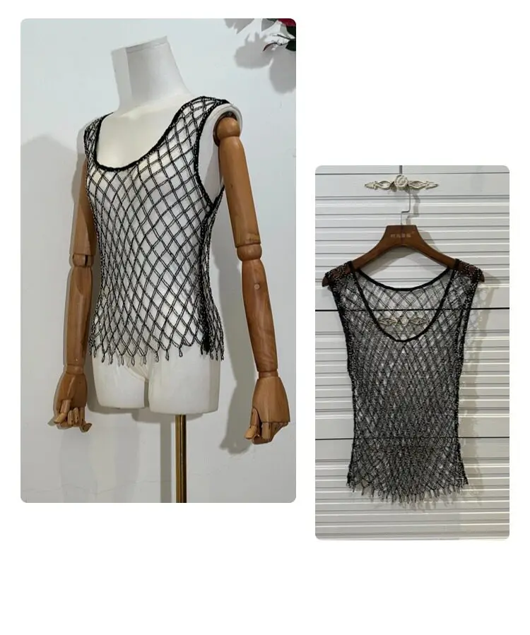 New Light Luxury Heavy Industry Mesh Vest Women's Handmade Beaded Hollow Sleeveless Top Short Bottom Shirt